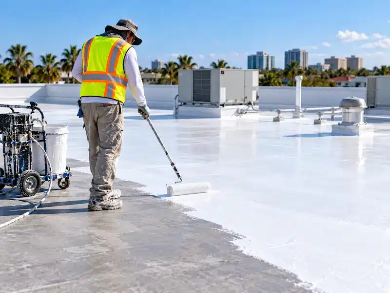Worker applying reflective coating on a commercial roof