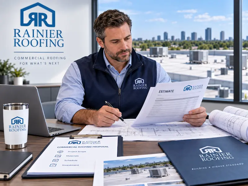 Roofing professional reviewing a commercial roofing estimate and project plans.