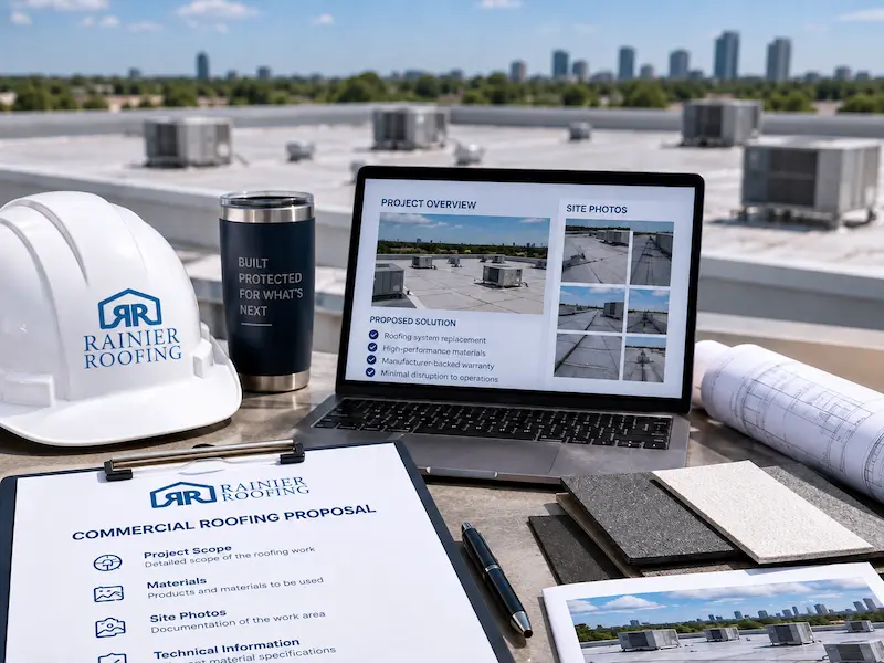 Rainier Roofing team reviewing a commercial roofing proposal and project documentation for a Tampa Bay property